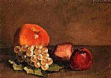 Grapes Canvas Paintings - Peaches, Apples and Grapes on a Vine Leaf